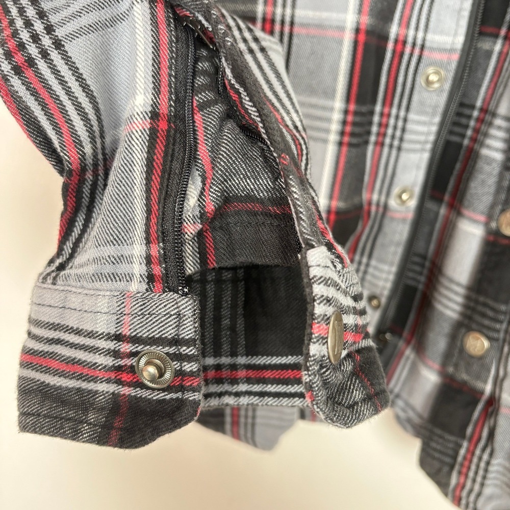 Top Mount Mens Full Zip Snap Grappler Flannel Shirt Size L Black Red Plaid Biker - Picture 16 of 16